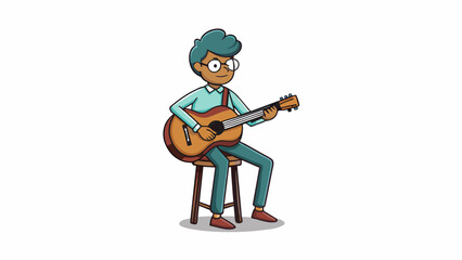 Fototapete - Figure playing an instrument In a dimlylit club a figure sits on a stool lost in the music they are creating. Their eyes are closed a look of pure. Cartoon Vector