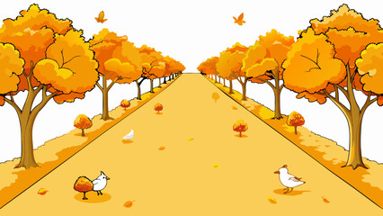 Fototapete - Fall A treelined path covered in a blanket of golden leaves crunching underfoot with each step. The trees are alive with shades of red orange and. Cartoon Vector