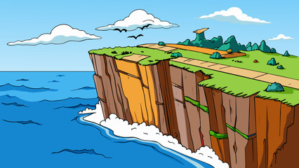 Poster - From the top of a towering cliff the view below is both serene and exhilarating. The deep blue ocean stretches out as far as the eye can see its waves. Cartoon Vector