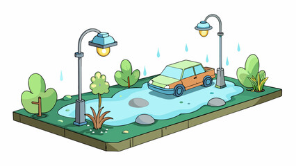 Fototapete - Foggy The air is thick and misty making it difficult to see more than a few feet in front of you. Streetlights and car headlights create a hazy glow. Cartoon Vector