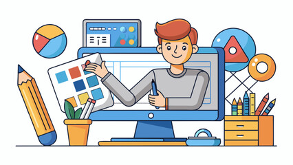 Poster - Graphic Designer A graphic designer uses digital software and design tools to create visual concepts and layouts for various projects like adver logos. Cartoon Vector