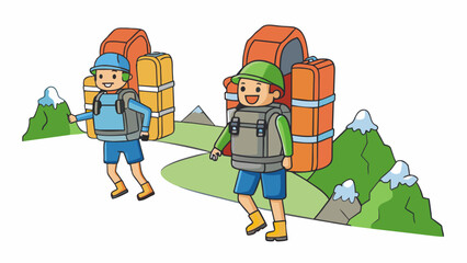 Poster - Hikers trekking up a mountain trail each with a large backpack sped onto their backs. The backpacks are made of waterproof material and have multiple. Cartoon Vector