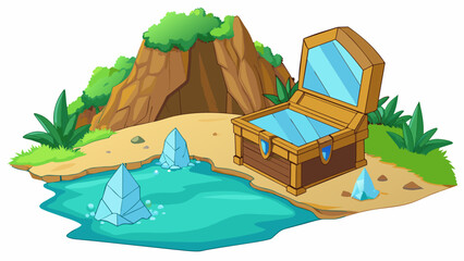 Poster - Hidden Treasure Cove This title suggests a secluded cove tucked away from the main shore. The cove is surrounded by tall cliffs covered in lush. Cartoon Vector