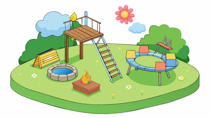 Aufkleber - In a backyard filled with blooming flowers a simple wooden swing set stands tall tempting kids to climb up the ladder and zoom down the slide. The. Cartoon Vector