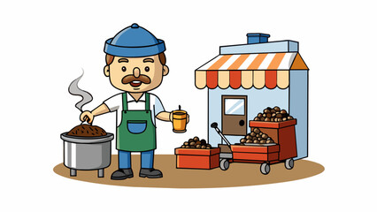 Poster - In a bustling city a street vendor grinds and roasts fresh coffee beans producing a rich aroma that fills the air. The source of the smell is a small. Cartoon Vector