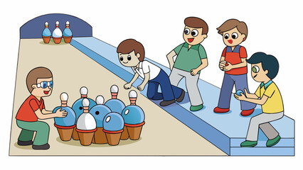 Fototapete - In a dimly lit room eight people are taking turns rolling a small round object down a narrow lane towards an arrangement of ten standing targets. The. Cartoon Vector