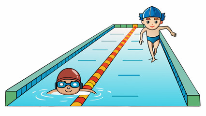 Poster - In a pool a swimmer is doing laps while a coach observes from the side. The water is clear and sparkling and there are lane markers at the bottom. The. Cartoon Vector