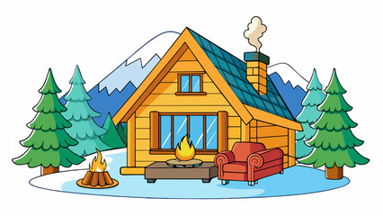 Poster - In a cozy cabin nestled in the northern hills a warm crackling fire burns all day long providing both heat and light. The scent of pine and cedar. Cartoon Vector