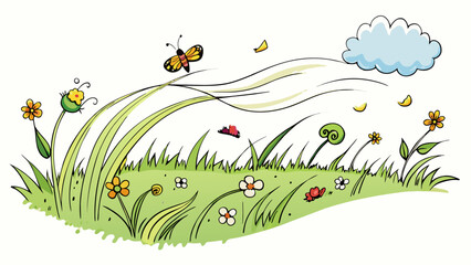 Aufkleber - In the open fields the wind danced playfully swaying tall grasses and wildflowers in its wake. It gently tugged at clothing and hair as if inviting us. Cartoon Vector