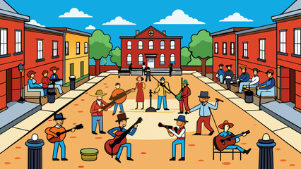 Aufkleber - In the small town square of a southern city a bluegrass band plays lively tunes on their banjos and fiddles. Locals gather around clapping their hands. Cartoon Vector