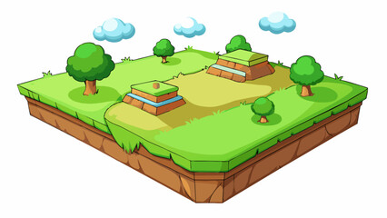 Aufkleber - Level 1 This level is characterized by a flat grassy field with a few tered trees. The ground is soft and the grass is short making it easy to walk. Cartoon Vector