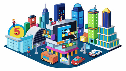 Poster - Level 5 This level takes place in a bustling city filled with skyscrs and crowded streets. The buildings are made of glittering glass and metal. Cartoon Vector