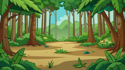 Fototapete - Level 7 The setting for this level is a dense jungle with tall trees and thick underbrush. The ground is covered in fallen leaves making it slippery. Cartoon Vector