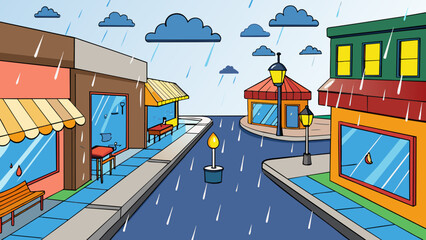 Poster - Monsoon A city street flooded with ankledeep rainwater illuminated by the vibrant lights of storefronts and street lamps. The sounds of thunder and. Cartoon Vector