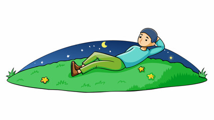 Poster - Lying on a grassy hill staring up at the vast expanse of the starry night sky and feeling a sense of wonder and awe at the beauty of the universe.. Cartoon Vector