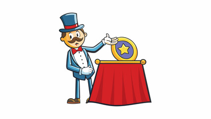 Wall Mural - In this trick a coin mysteriously disappears into thin air. The magician places a piece of thin fabric over a glass and holds the glass upside down.. Cartoon Vector