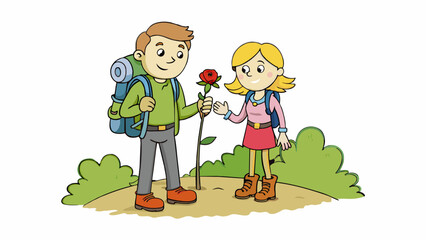 Aufkleber - On a hiking trail a couple stopped to admire a blooming rose bush. She had a flower tucked behind her ear and he had a small bunch in his hand which. Cartoon Vector