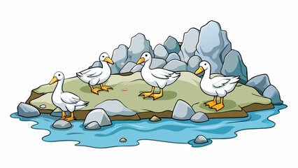 Aufkleber - On a rocky shoreline a group of migrating geese take a brief rest before continuing their journey north. Their white and gray feathers shimmer in the. Cartoon Vector