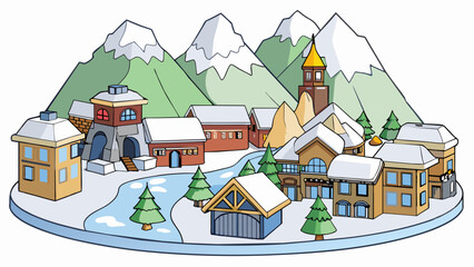 Poster - Nestled in the mountains District C is a charming ski resort town. The buildings are all made of wooden logs giving off a rustic and cozy vibe. The. Cartoon Vector