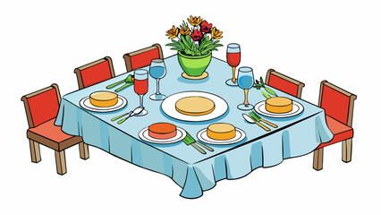 Setting the Dinner Table Begin by placing a tablecloth or placemats on the table. Then set out plates silverware and glasses according to the number. Cartoon Vector