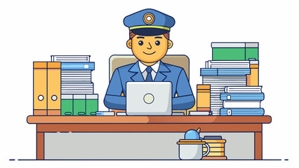 Fototapete - Sitting at a desk in a bustling office the officer typed away on their computer diligently working through reports and paperwork. A cup of coffee sat. Cartoon Vector