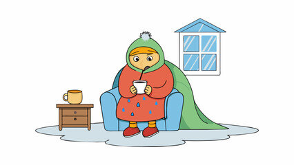 Poster - Sitting in a cozy living room cuddled up with a soft fluffy blanket and sipping a hot cup of tea while watching the rain pour outside.. Cartoon Vector