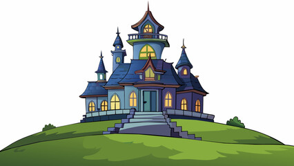 Aufkleber - Spooky Haunted Mansion This title conjures up a spooky mansion with tall towers and dark eerie windows. The mansion sits atop a hill looming over the. Cartoon Vector