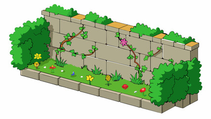Poster - Standing in the middle of a lush garden this wall is adorned with climbing vines and colorful flowers. Its surface is uneven with spots of cracked and. Cartoon Vector