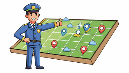 Poster - Standing in front of a large map the officer used a pointer to explain the details of a complex mission to a group of fellow officers. Their voice was. Cartoon Vector