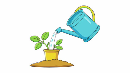 Poster - Step 4 Watering a Plant Fill a watering can with water. Gently pour the water onto the soil around the base of the plant. The leaves of the plant perk. Cartoon Vector