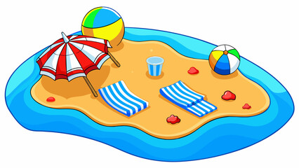 Poster - Summer A sandy beach with sparkling blue water dotted with colorful beach umbrellas and towels. The sun beats down from a bright blue sky warming the. Cartoon Vector