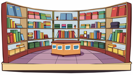 Poster - Stepping inside the shop one was immediately greeted by the sight of rows upon rows of books neatly organized and labeled by genre. Shelves were lined. Cartoon Vector