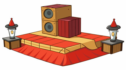 Aufkleber - Street performer stage A makeshift platform made of wooden crates and covered with a faded red rug. On one side there is a colorful handpainted sign. Cartoon Vector