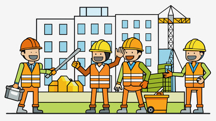 Poster - The construction crew was a busy and loud group clad in fluorescent orange vests and hard hats. They operated machinery hammered nails and carried. Cartoon Vector