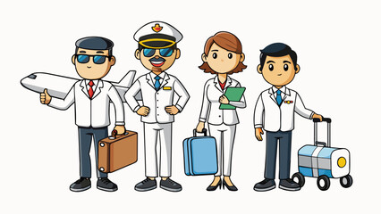 Aufkleber - The crew of the airplane were all dressed in crisp white uniforms with matching aviator sunglasses on their heads. They efficiently checked passengers. Cartoon Vector