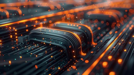 Poster - Modern computing server cooled in immersion fluid, gentle waves, dark green theme with orange accents, futuristic, high tech, minimalistic. Generative AI.