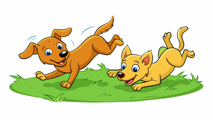Poster - The dog playfully chased its fluffy tailwagging companion around the yard their fur flying in all directions as they tumbled and rolled.. Cartoon Vector