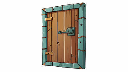 Poster - The door was old and weathered with peeling paint and rusted hinges. A large keyhole was visible hinting at a lock hidden behind.. Cartoon Vector