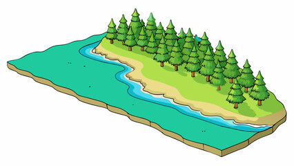 Poster - The eastern coastline is lined with s of emerald green trees that stretch down to the sparkling turquoise waters where tiny waves lap at the shore.. Cartoon Vector