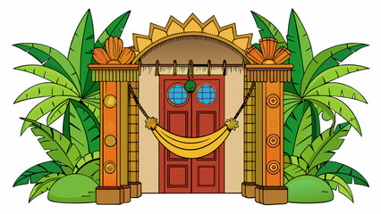 Poster - The entrance of Club D is marked by a large wooden door with intricate carvings. Inside guests are transported to a tropical oasis with a vibrant. Cartoon Vector