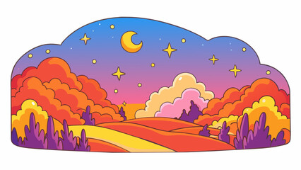 Aufkleber - The final hour of the day is a mix of peacefulness and anticipation. The sky is painted with vibrant shades of orange and pink and the stars start to. Cartoon Vector