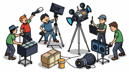 Poster - The film crew worked tirelessly throughout the night setting up lights and cameras adjusting microphones and arranging props. They all wore black. Cartoon Vector