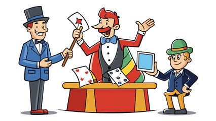 Poster - The first trick involves a deck of cards and a skilled magician. The magician shuffles the deck and asks a volunteer to choose a card. After. Cartoon Vector