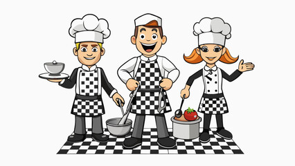 Poster - The kitchen crew at the restaurant were a welloiled machine dressed in black and white checkered pants and chef coats. They quickly and effortlessly. Cartoon Vector