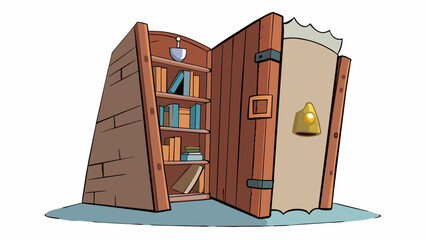 Poster - The heavy wooden door creaked open revealing a dimly lit room with shelves of dusty books lining the walls. The smell of leather and old paper filled. Cartoon Vector