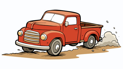 Poster - The old truck chugged down the dusty road its faded red paint peeling slightly in the hot sun. Despite its worn appearance the vehicle exuded a rugged. Cartoon Vector