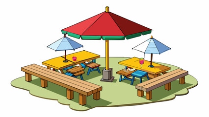 Poster - The parks picnic area is perfect for a family outing. Large wooden tables are tered around the area each one shaded by a colorful umbrella. Nearby a. Cartoon Vector