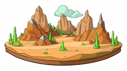 Poster - The outside is a rocky landscape with jagged peaks rising up towards the sky. Cacti and other hardy plants cling to the rocky terrain while a dry. Cartoon Vector