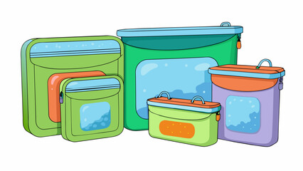 Poster - The pack is a set of six reusable waterproof silicone ziplock bags of various sizes. They are freezer and microwave safe perfect for storing snacks. Cartoon Vector