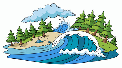 Aufkleber - The once peaceful lake was now a churning mass of dark angry waves. The wind howled across the surface causing whitecaps to form and crash against the. Cartoon Vector